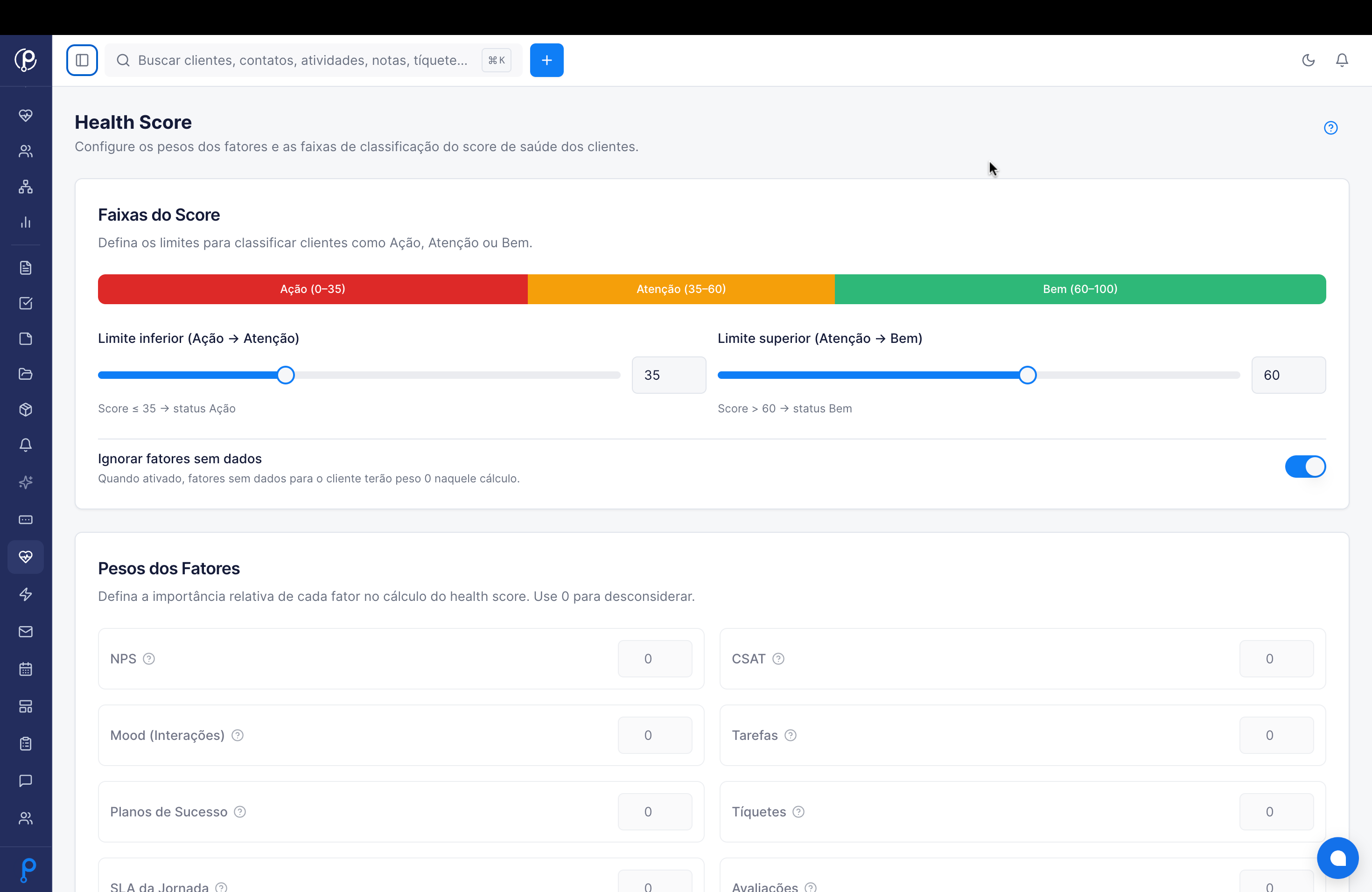 Configuração de healthscore com dimensões e pesos por segmento