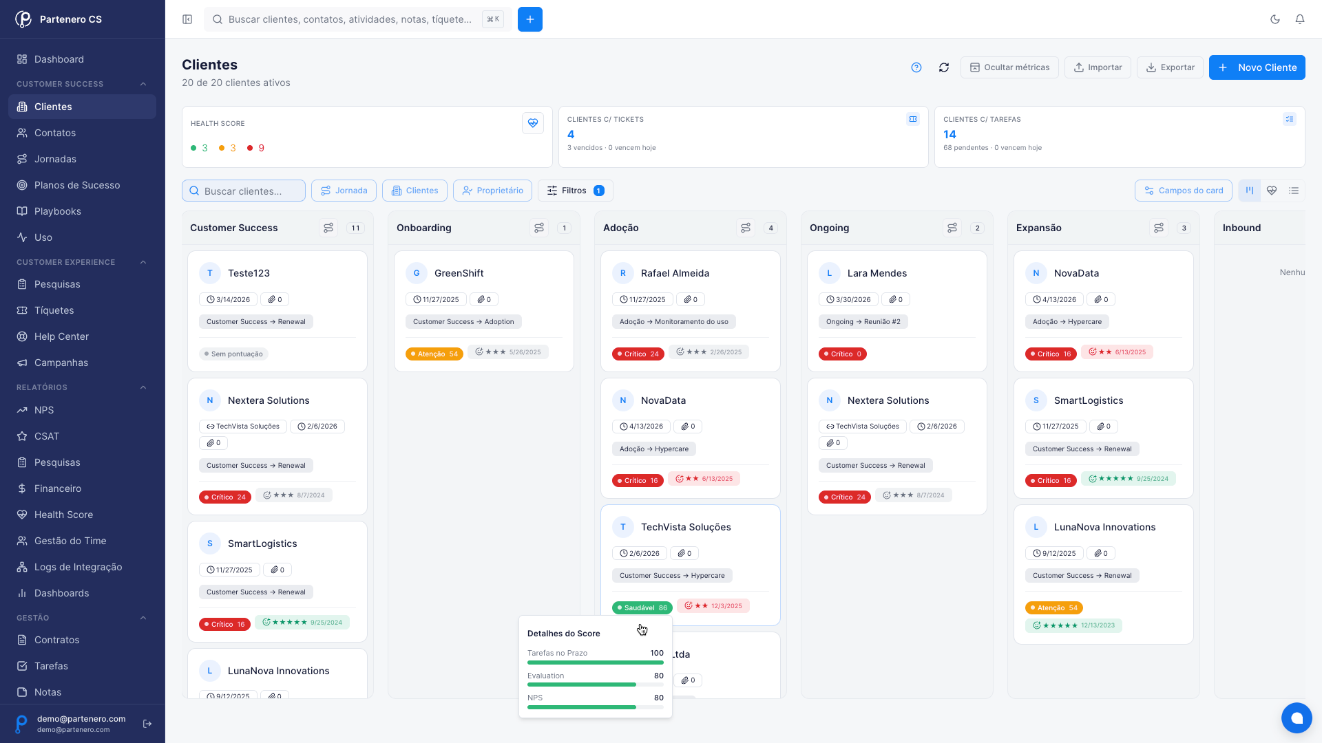 Tela de Clientes em kanban por estágio (Customer Success, Onboarding, Adoção, Ongoing, Expansão, Inbound) com health score e detalhes do score